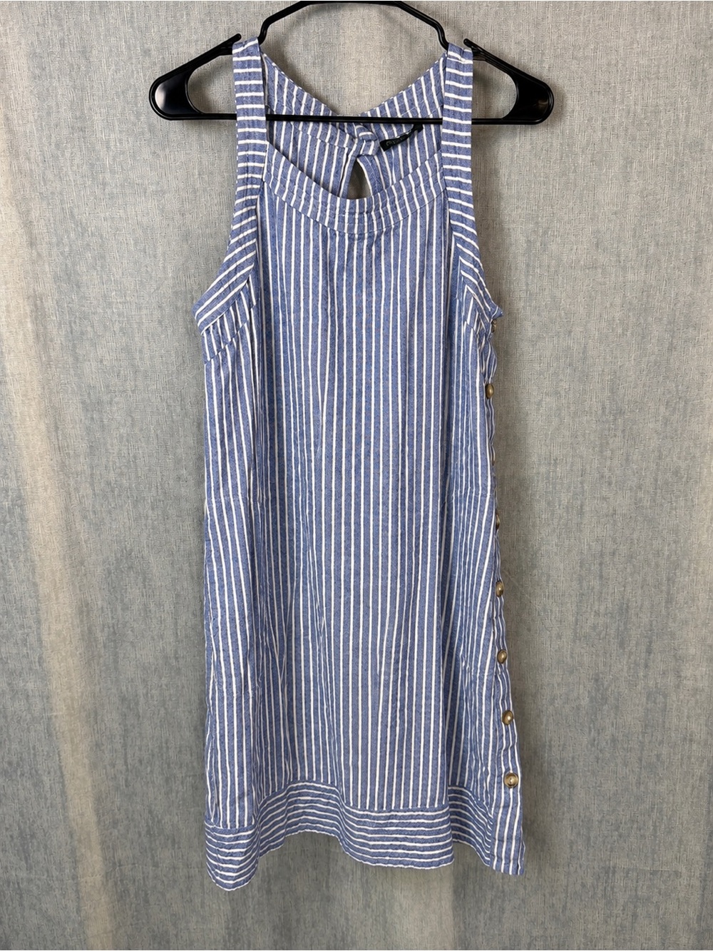 For Cynthia XL linen Blend Blue and White Striped Mini Dress with Side Buttons